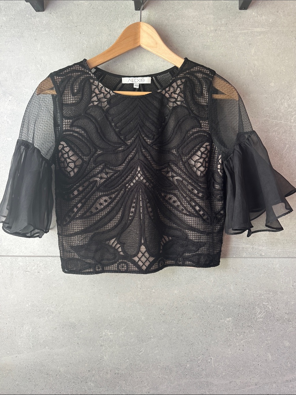 Alexis Black Embroidered Sheer Flutter-Sleeve Blouse